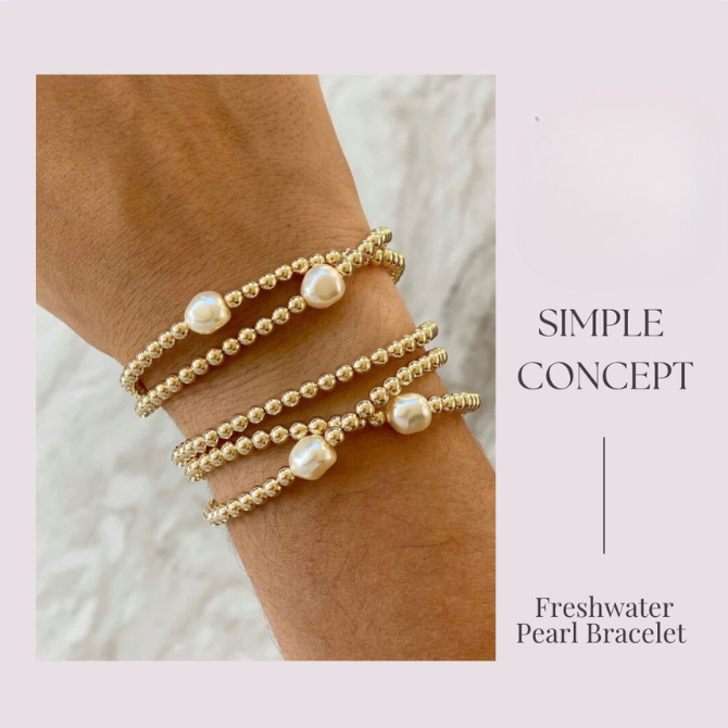 Single Pearl & Gold Beaded Stretch Bracelet - Deep South Originals