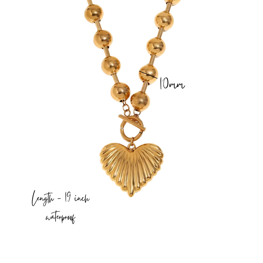 Beaded Heart Statement Necklace - Stainless Steel