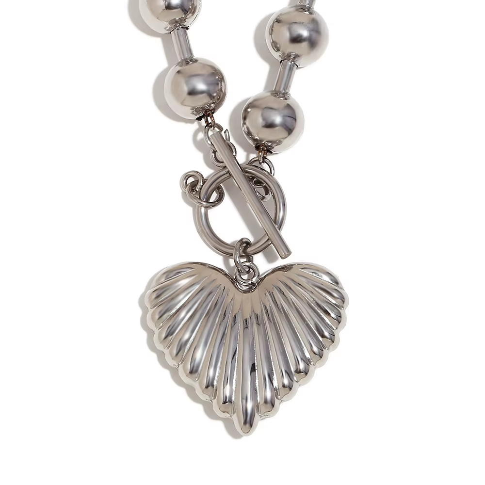 Beaded Heart Statement Necklace - Stainless Steel