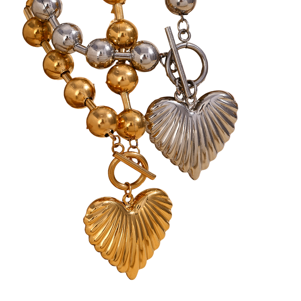 Beaded Heart Statement Necklace - Stainless Steel