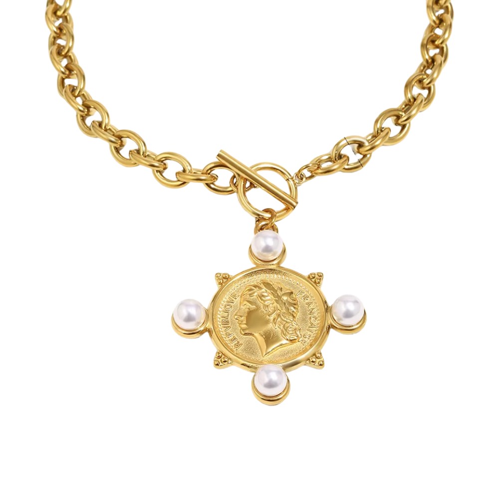 Coin & Pearl Medallion Necklace - Stainless Steel