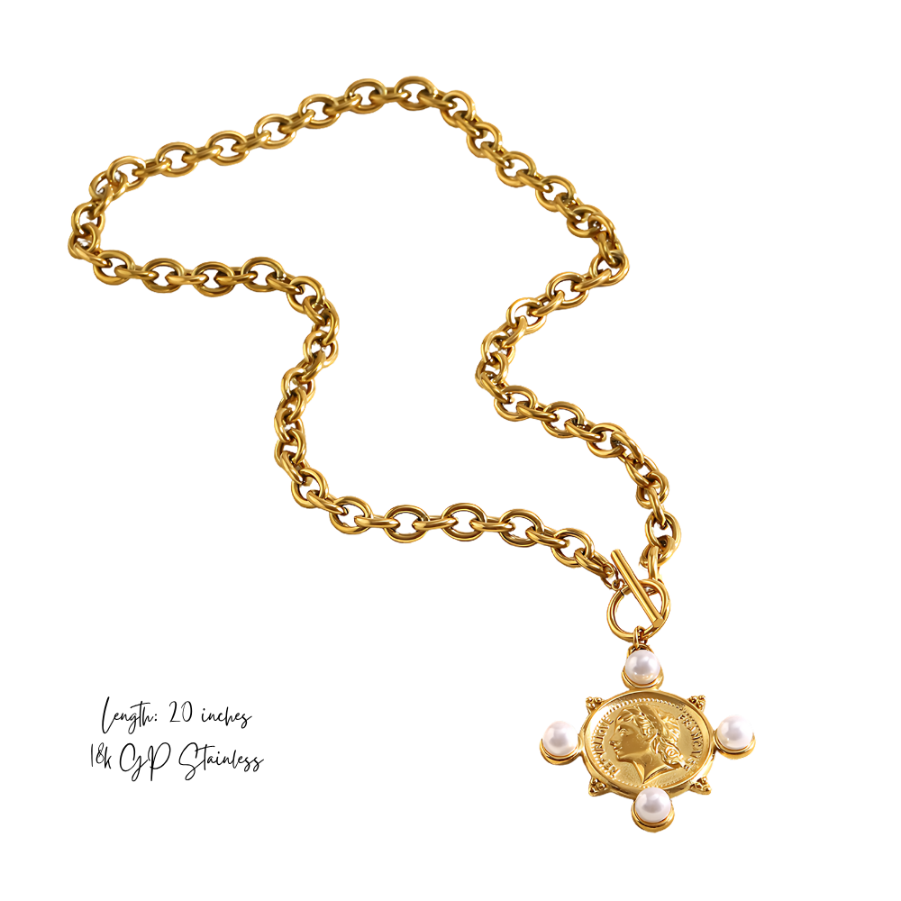 Coin & Pearl Medallion Necklace - Stainless Steel