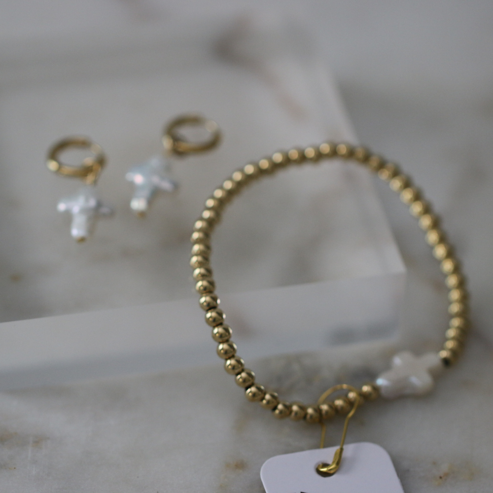 Pearl Promise Cross Bracelet - Stainless Steel & Pearl