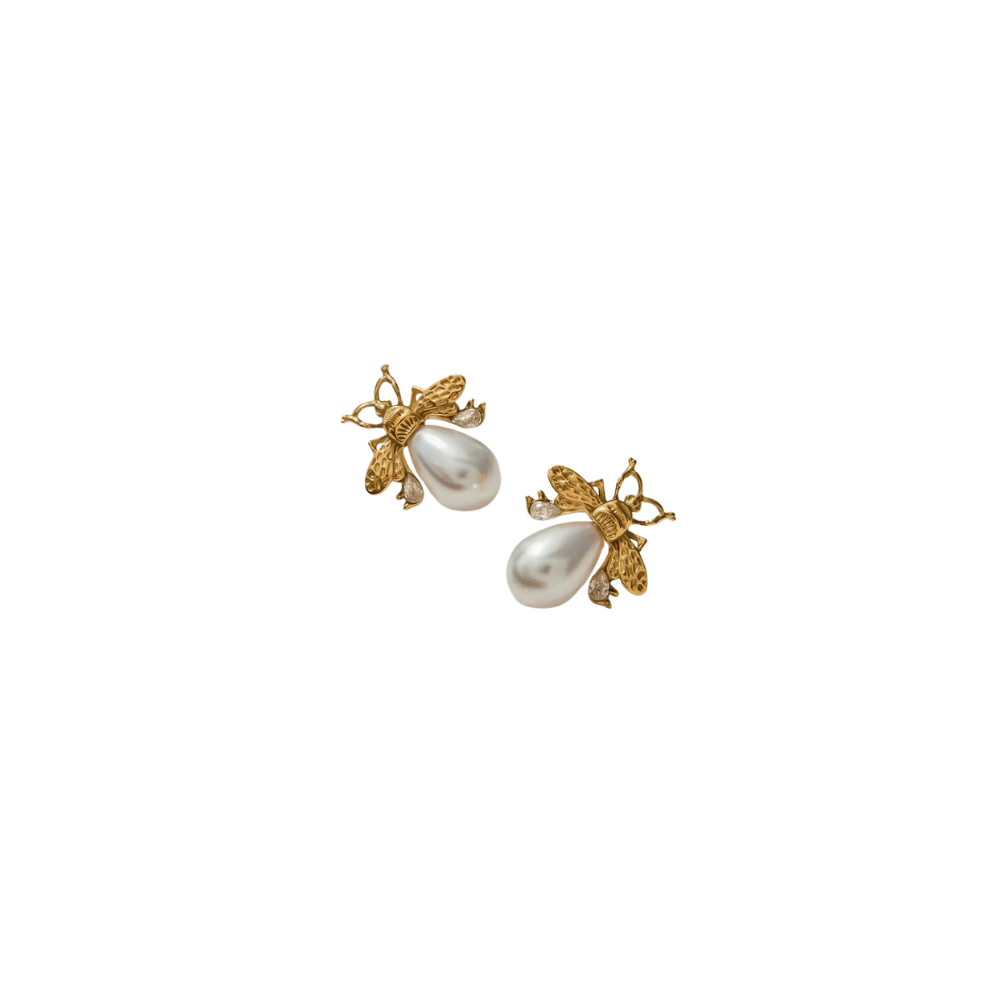 Pearl Bee Stud Earrings - Stainless Steel