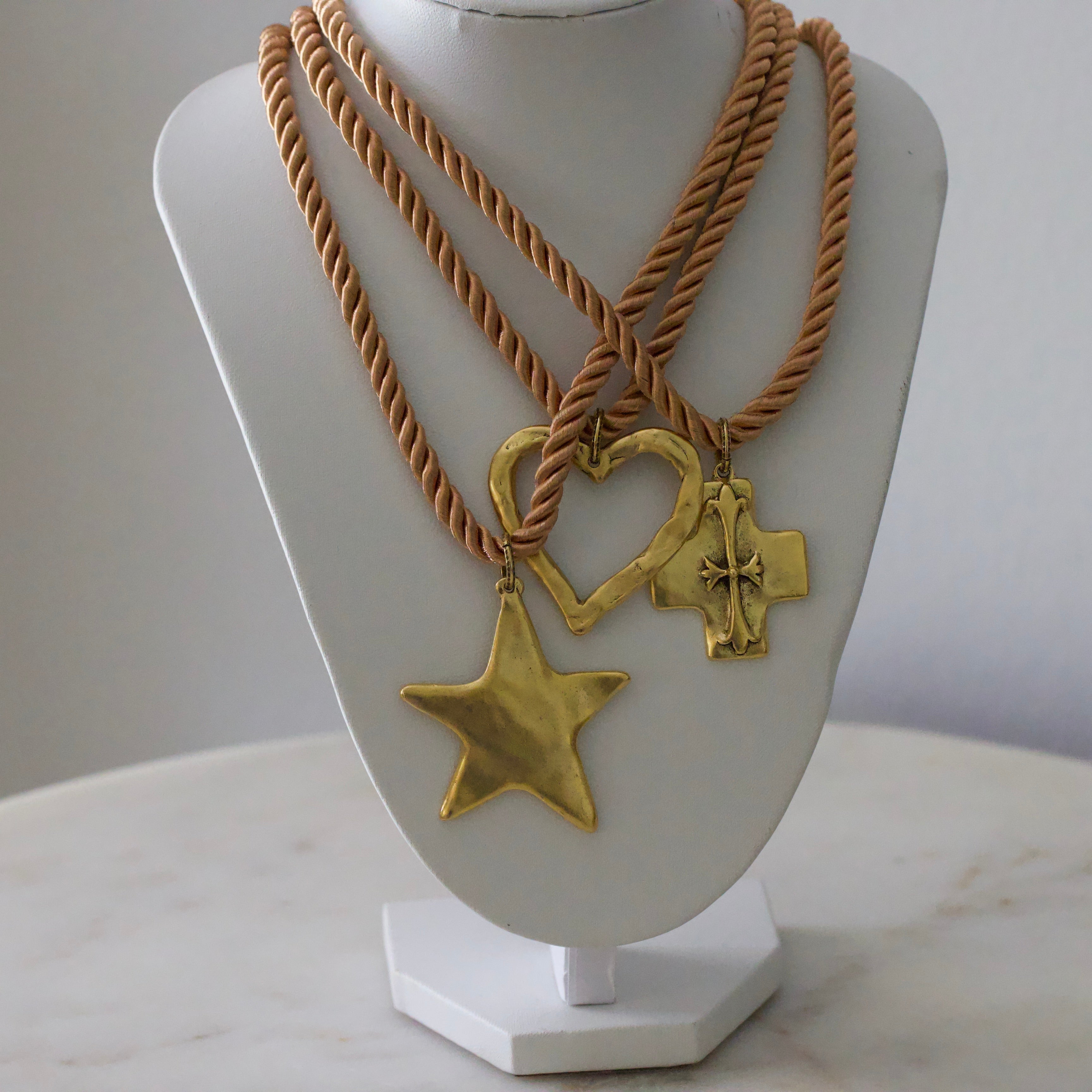 Silk Cord Pendant Necklace – Gold Star, Heart, or Cross