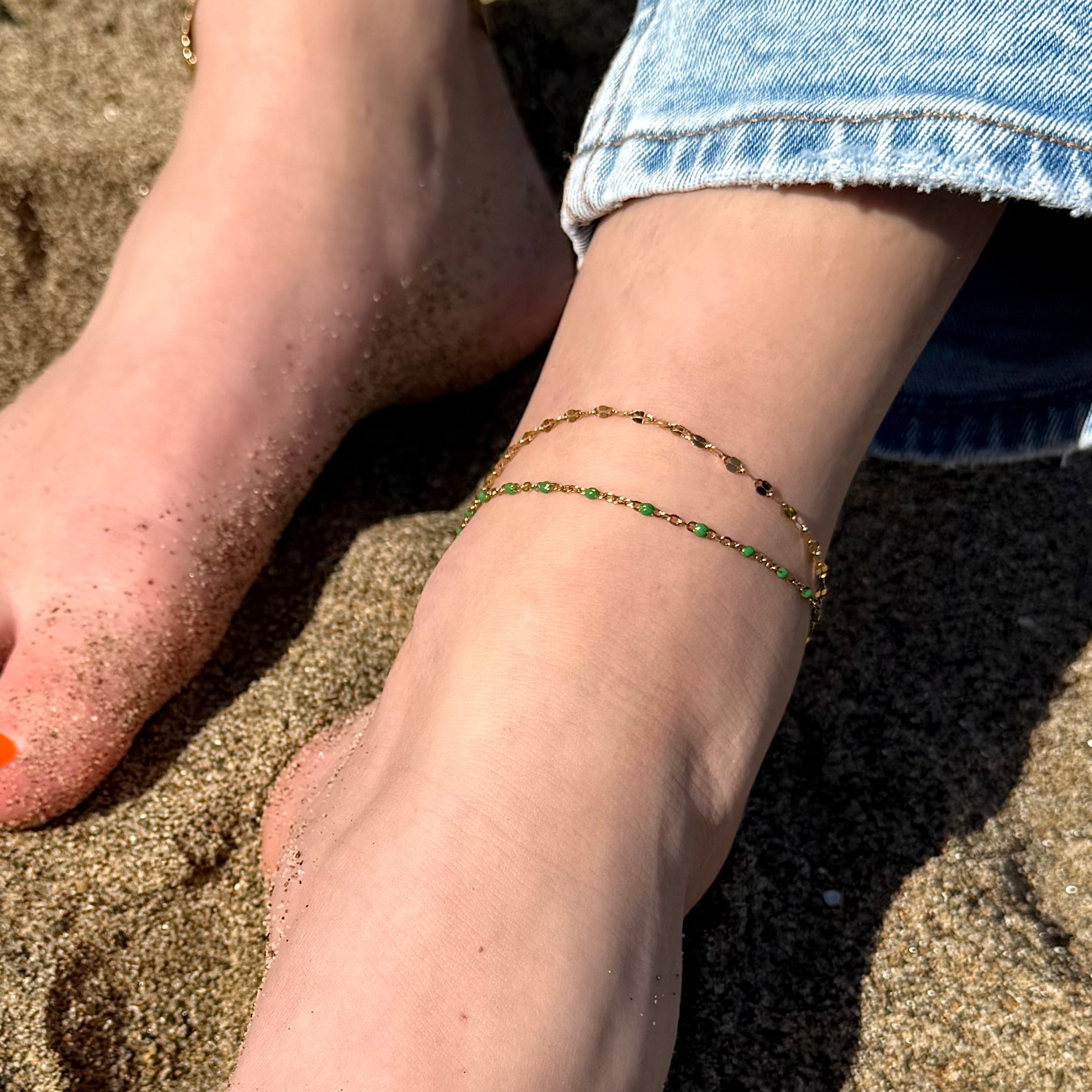 ROXIE DAINTY GOLD GREEN BEAD CHAIN ANKLET
